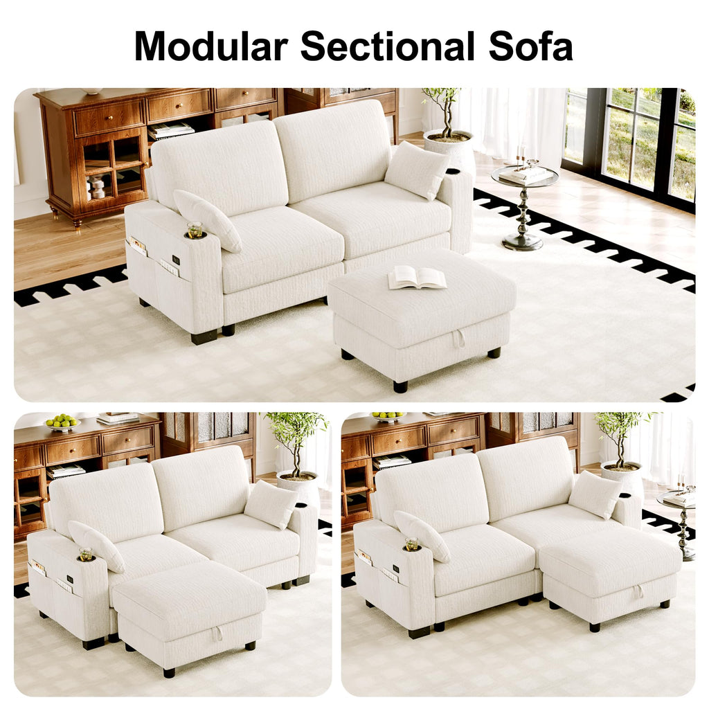 Modular Sectional Sofa, 72" L Shaped Comfy Chenille Couch, Ivory