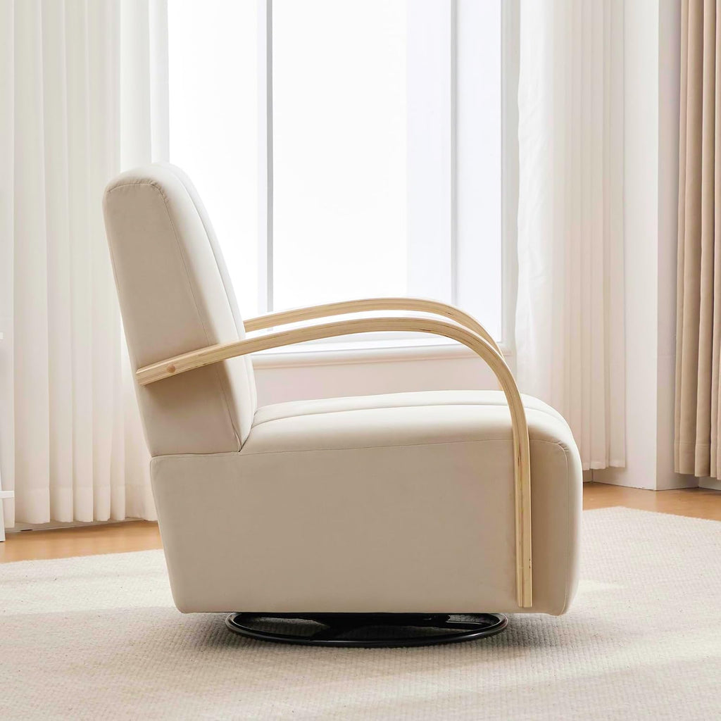 30.3" W Swivel Modern Boucle Upholstered Accent Chair with Solid Wood Armrests, Comfy Lounge Reading Chair, Side