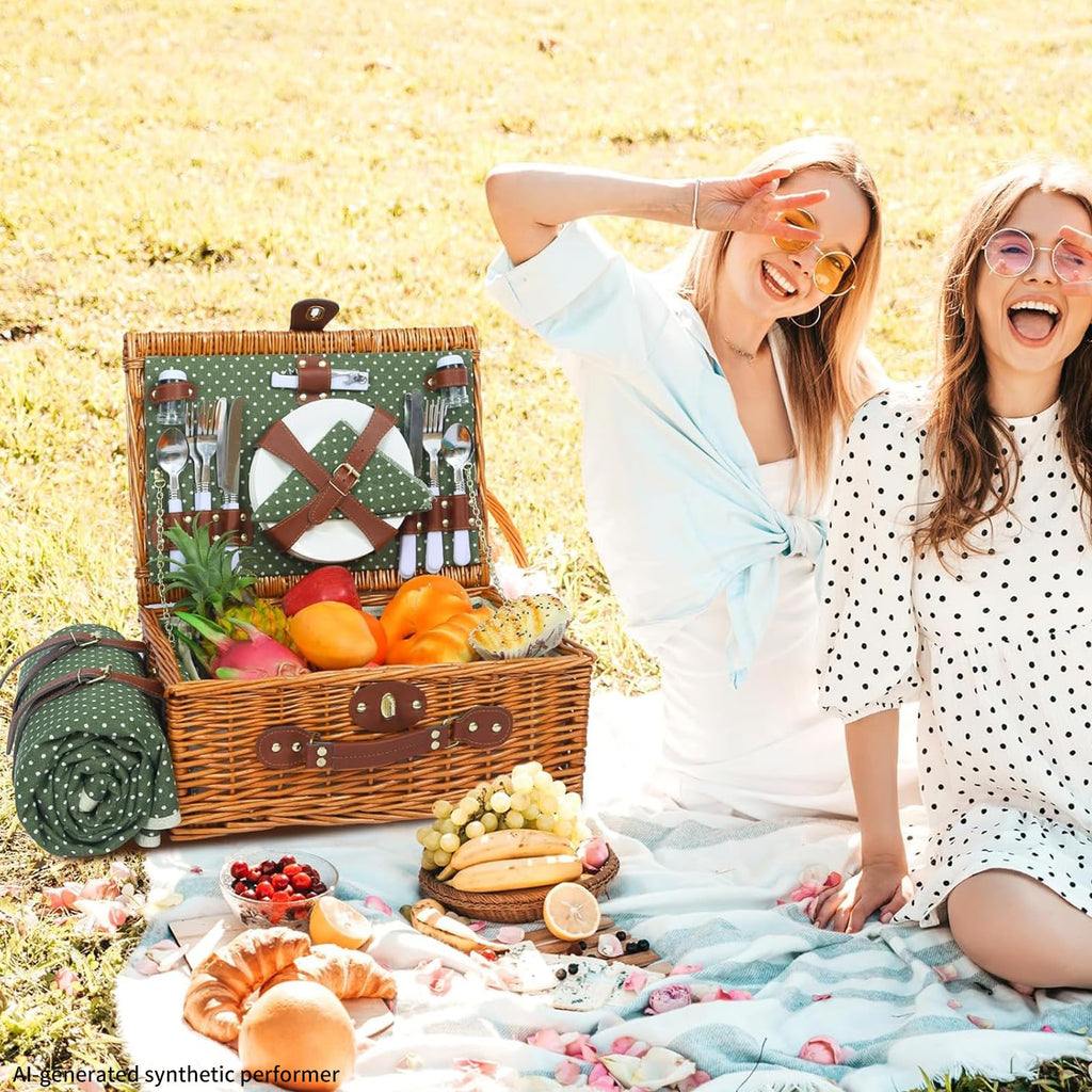 Picnic Basket for 4 Persons with Blanket, Green & White Spots