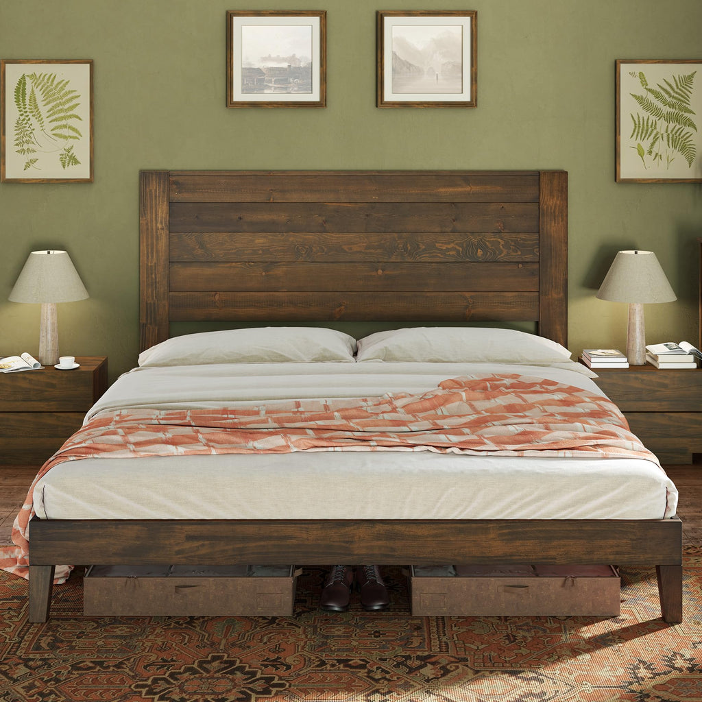 Solid Wood Farmhouse Bed Frame with High Headboard