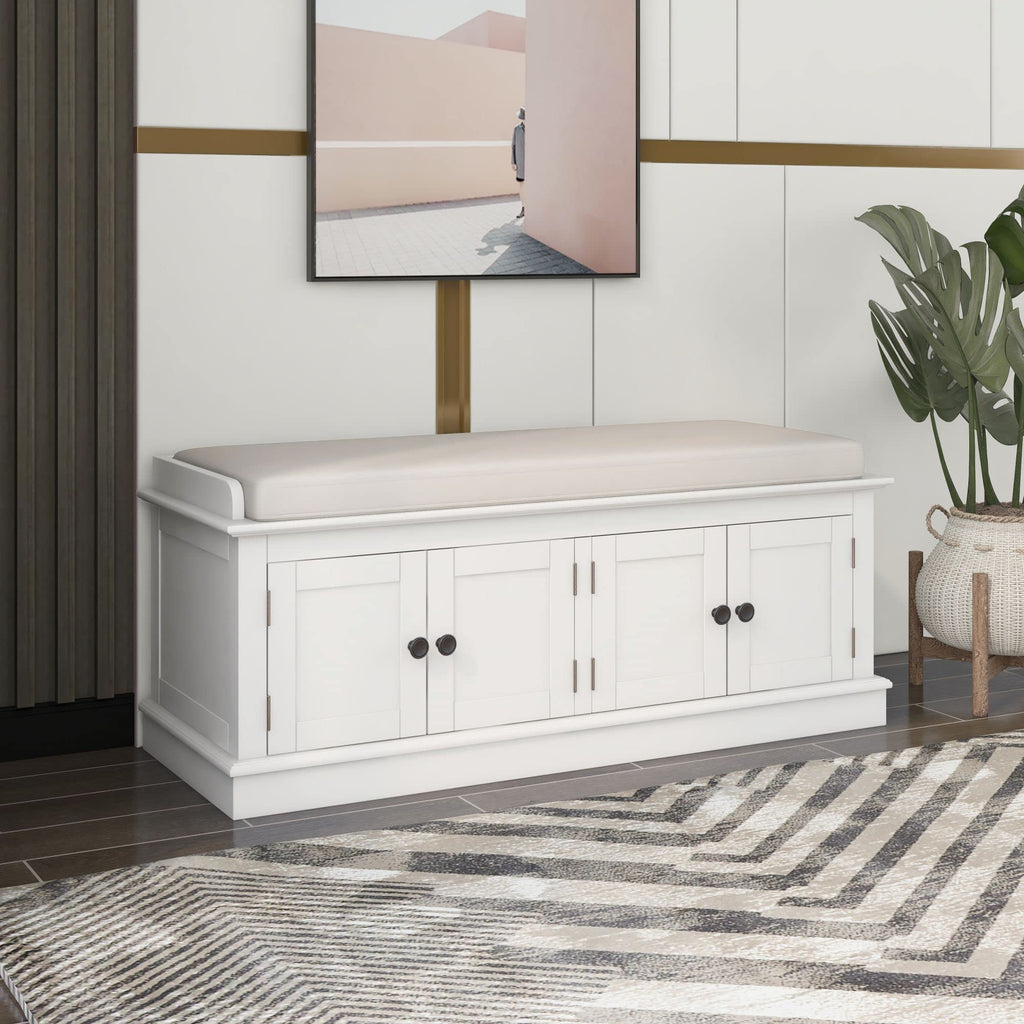 Modern Rustic Wood Shoe Bench with Removable Cushion Multipurpose Window Storage Cabinets Living Room Bedroom White