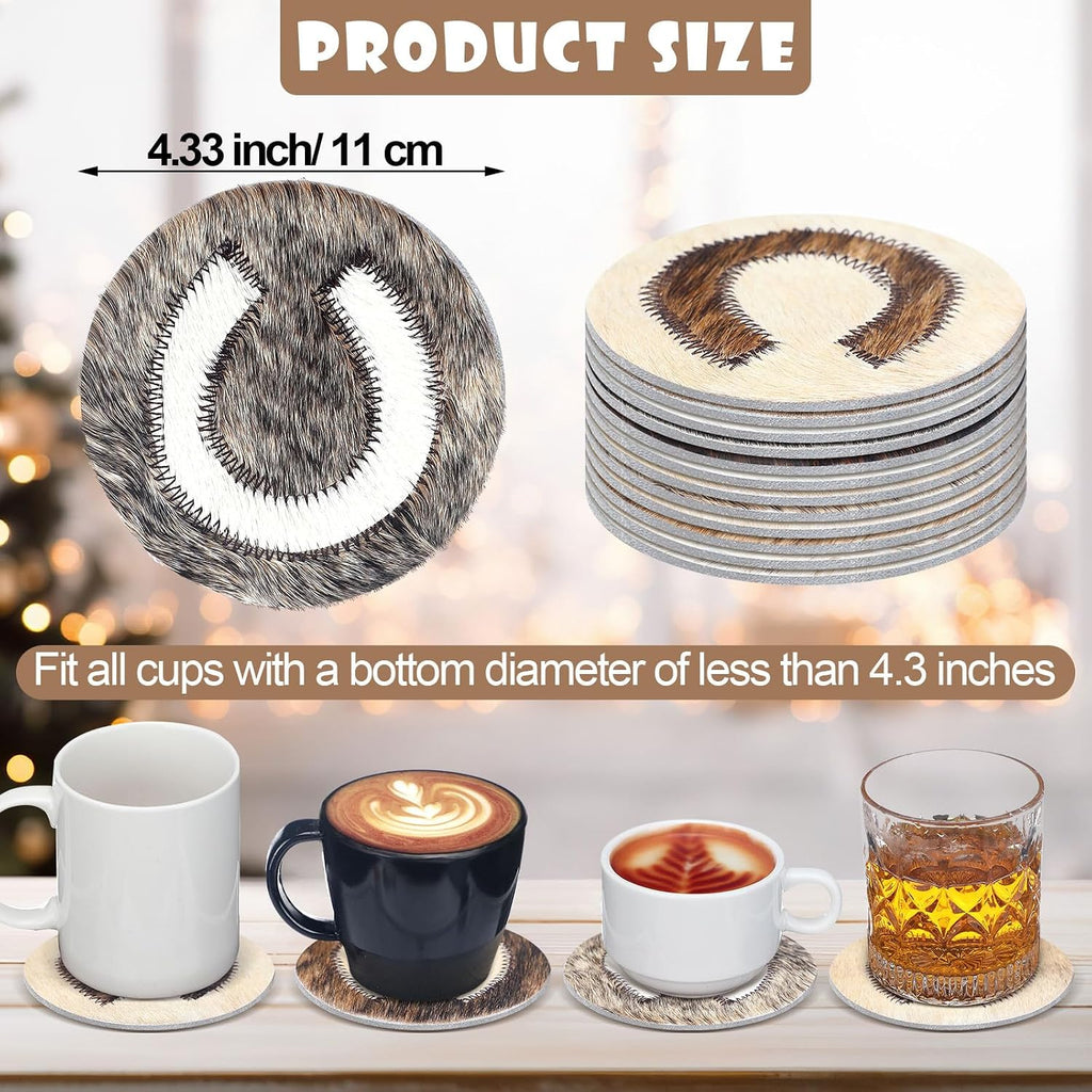 Cowhide Coasters - 4.3" Round Natural Leather Western Drink Coasters Assorted Horseshoe Print for Tea Cup - Set of 12