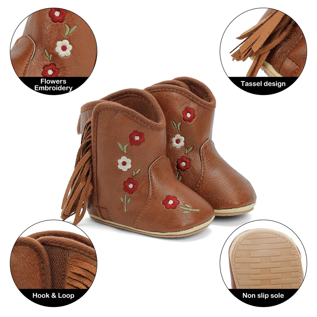Baby Cowgirl Boots Infant Floral Embroidered Fringe Western Shoes for First Walker (Brown/flowers, )