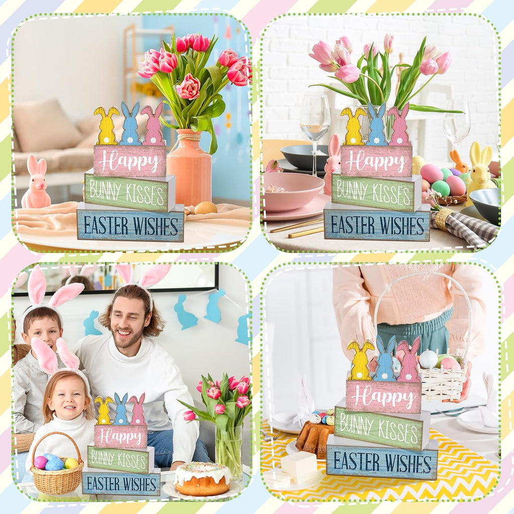 Hello Spring Decoration Wooden Tulip Tiered Tray Decor Spring Centerpieces for Table Double Side Flower Wooden - Set of 9