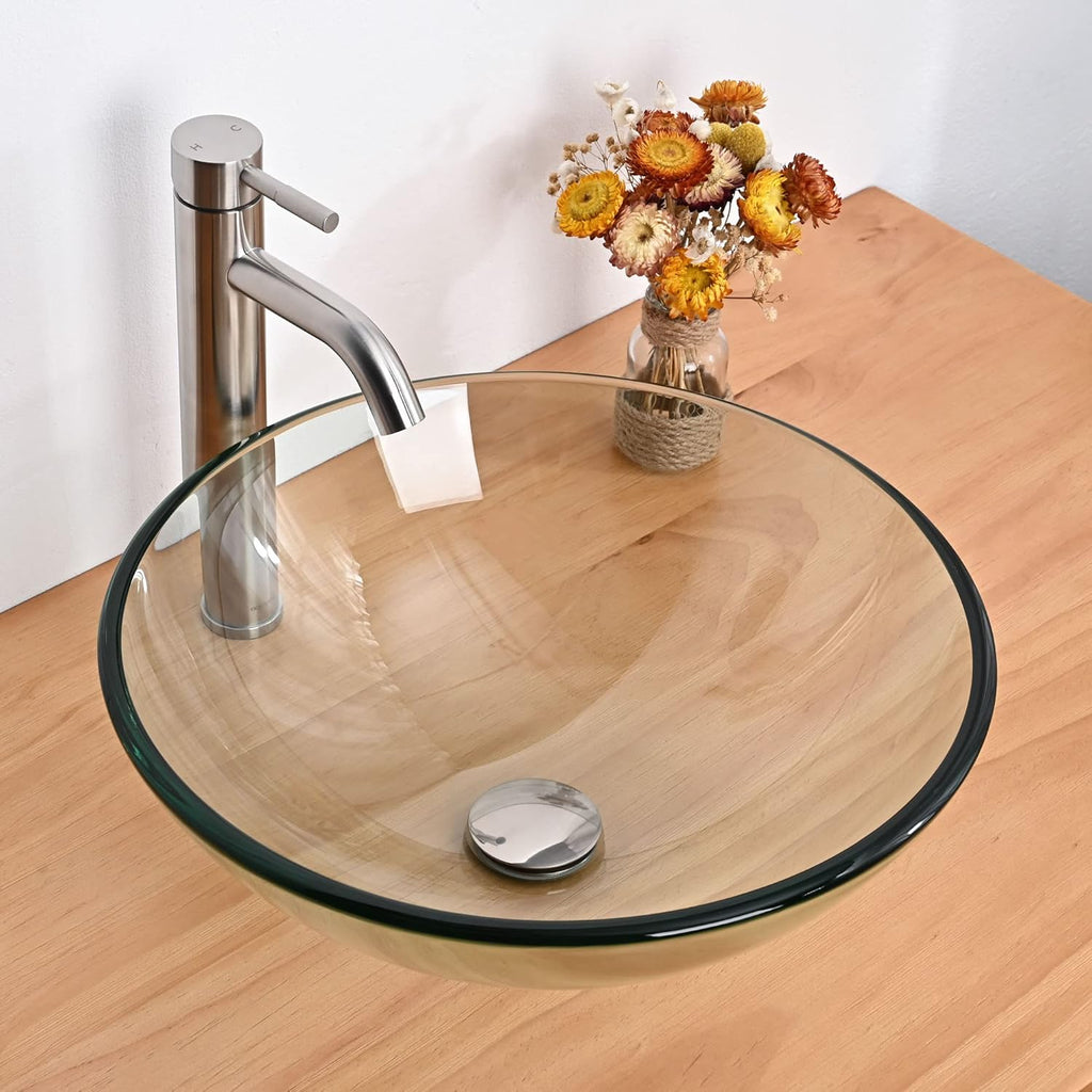 Aquaterior Tempered Glass Bathroom Vessel Sink 16" Round Countertop Vanity Basin Bowl Transparent Minimalist Modern