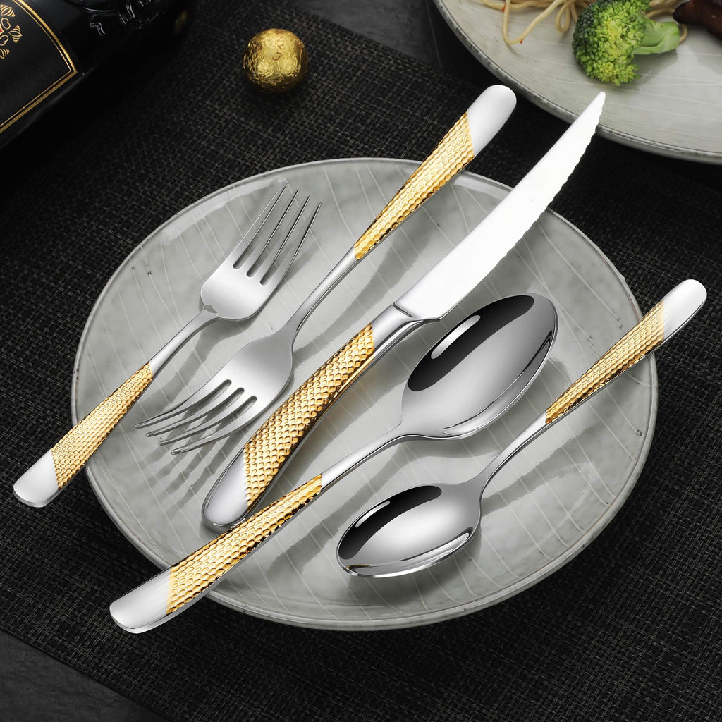 20-Piece Hammered Silver Gold Silverware Set for 4,18/10 Stainless Steel Flatware Set with Serrated Forged
