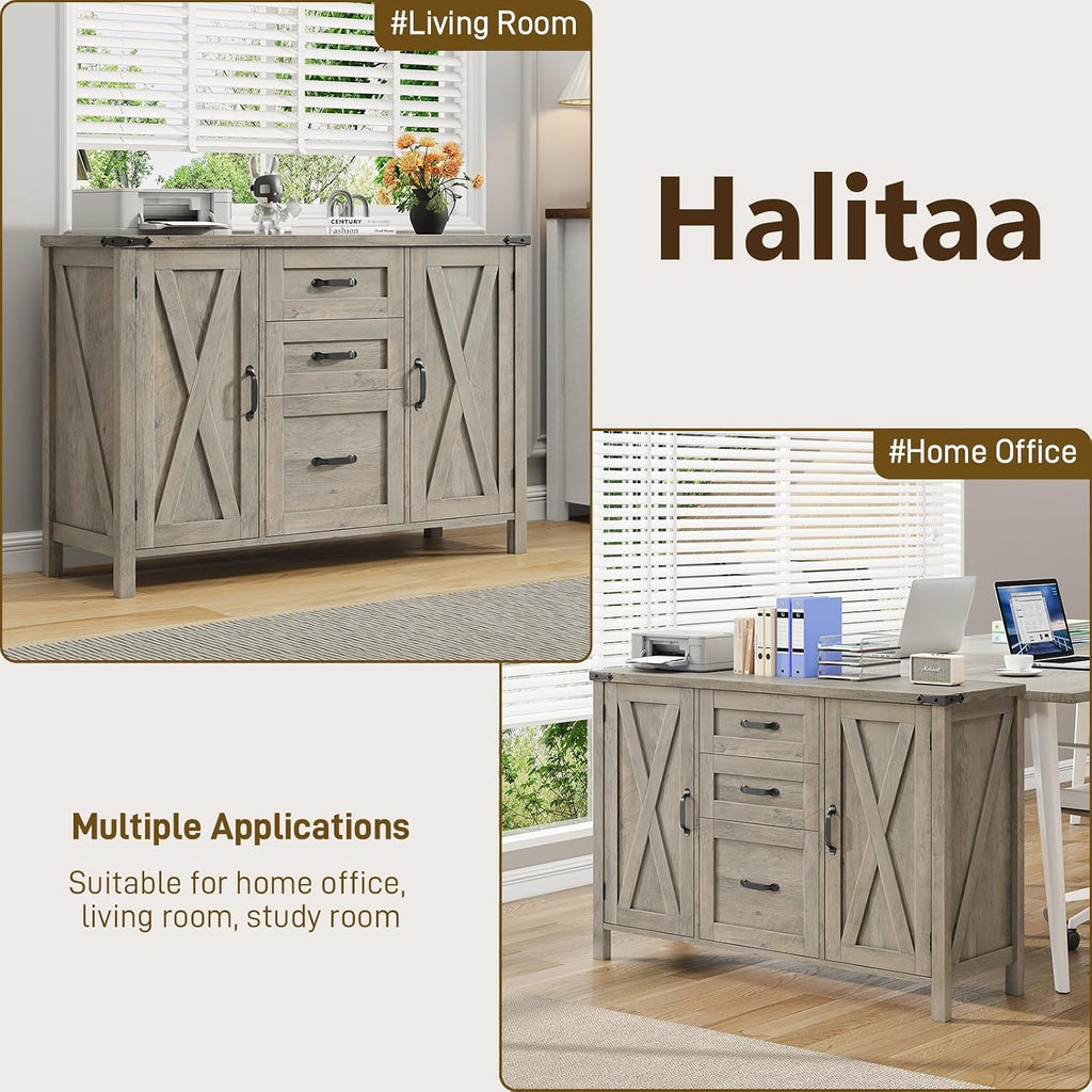 Farmhouse Lateral File Cabinet with 3 Drawers and Doors, Rustic Grey | Lateral Filing Cabinet Fits Letter or A4 Size