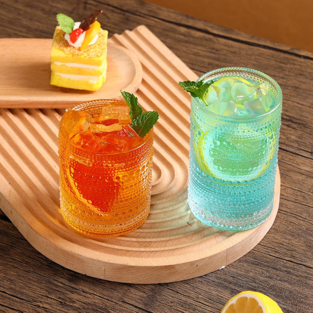 Hobnail Drinking Glasses Set of 12, 12 Oz Highball Glasses & 10 Oz Cocktail Glasses, Clear Embossed Boho Glass Cups