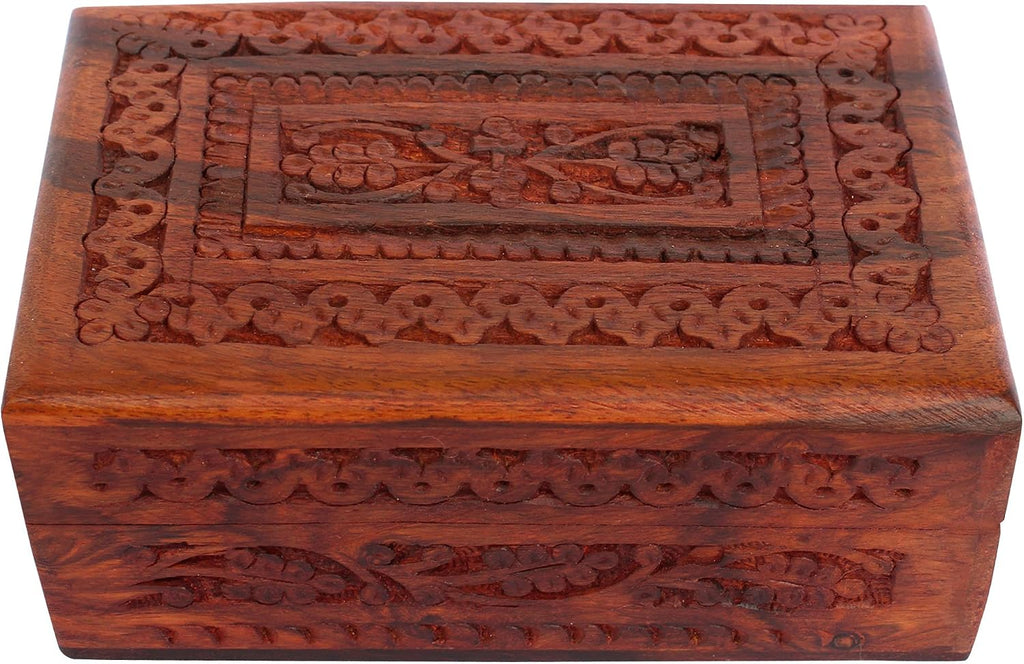 Handmade Wooden Keepsake Storage Case Jewelry Box Jewel Organizer - Floral Hand Carvings with Brass Inlay - Gifts