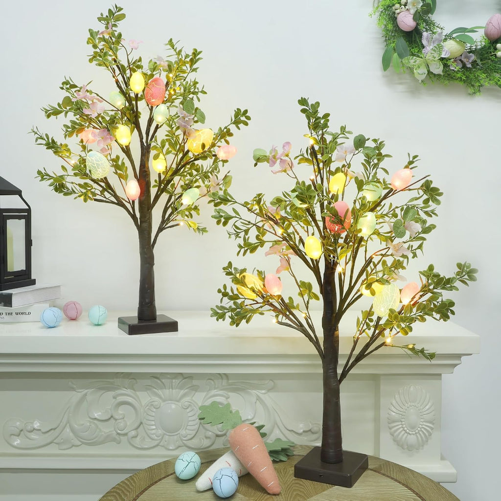 Easter Decor Lighted 24 Inch Artificial Tree with Easter Eggs & Colorful LED Lights, Light Up Tabletop - Set of 2