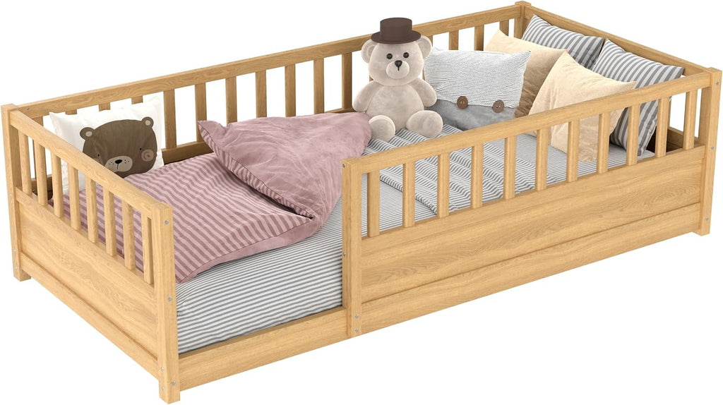 Twin Size Floor Bed with Slats and Fence