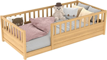 Floor Bed with Slats and High Guardrail, Montessori Floor Bed with Fence, Easy Assemble