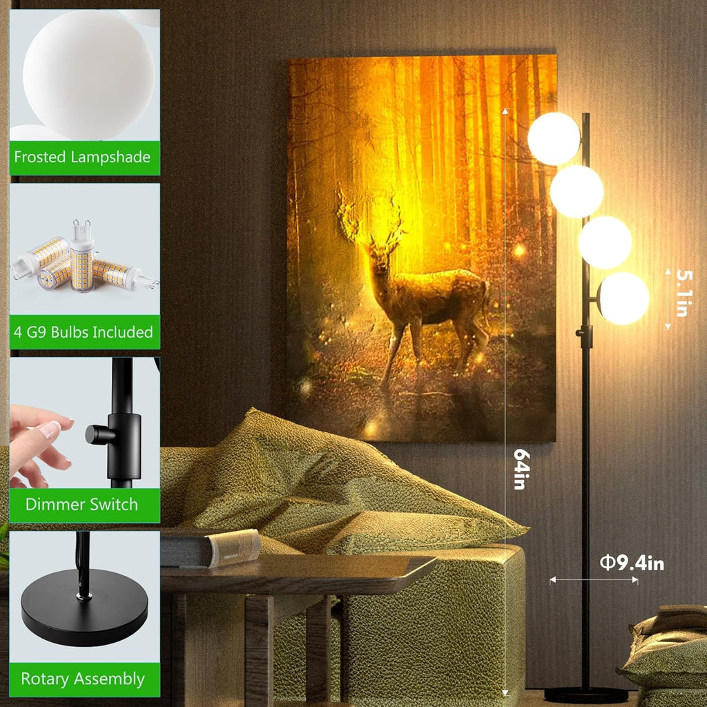 Black Globe Floor Lamp Dimmable 64IN Tall Standing Lamps with Soft Warm White Eye Care 3000K G9 Bulbs, Mid Century