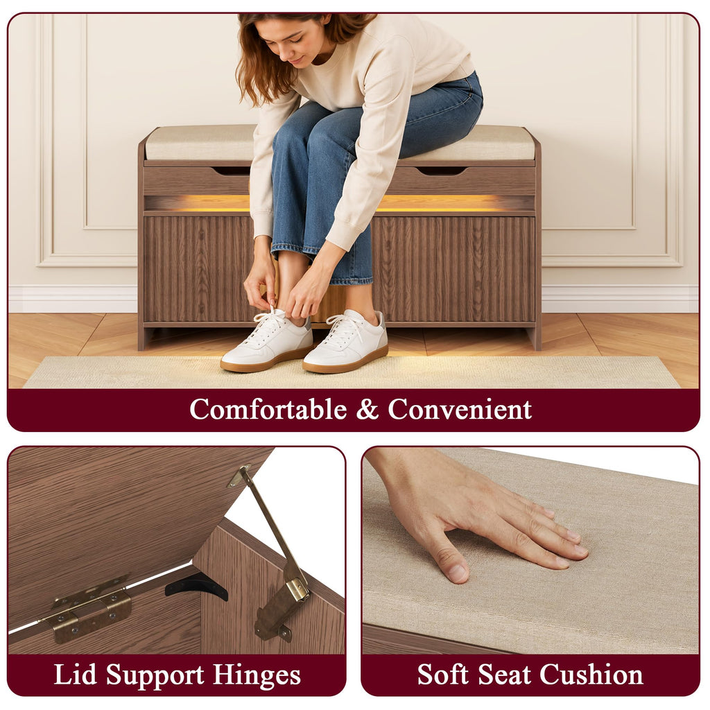 Shoe Storage Bench, Modern Entryway Bench with Fluted Doors & Built-in LED Sensor Light, Wooden Shoe Bench with