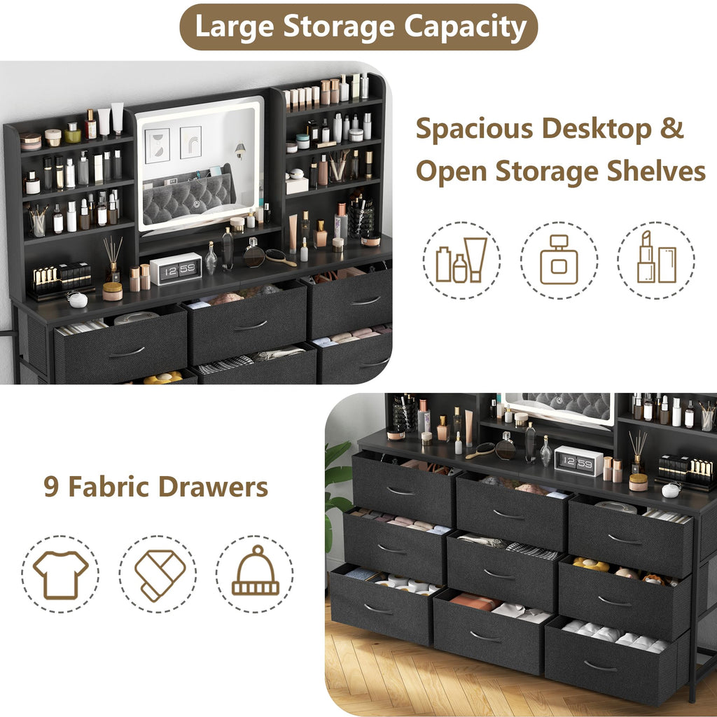9 Drawers Dresser with LED Mirror, 59" W Chest of Drawers