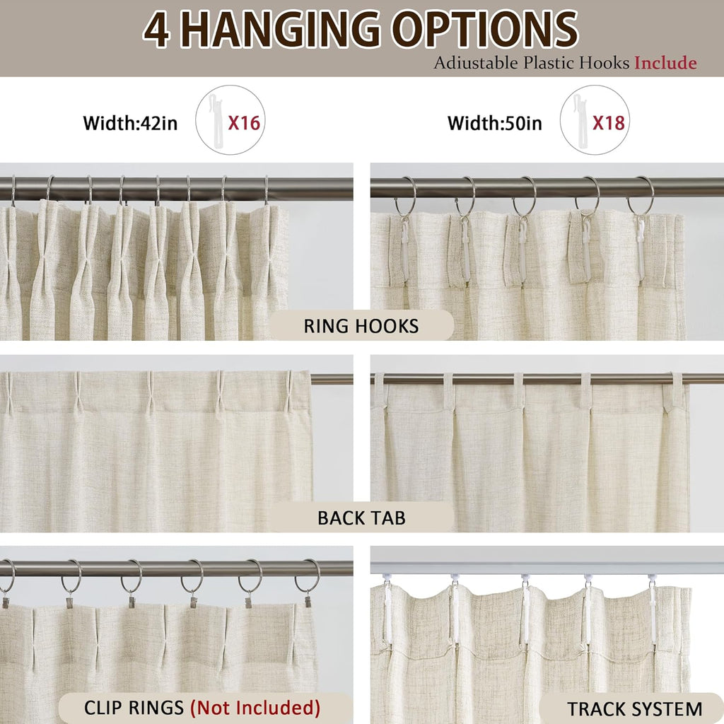 Natural Pinch Pleated Curtains 120 Inches Long Set of 2, Linen Drapes Back Tab with Hooks,Light Filtering Window