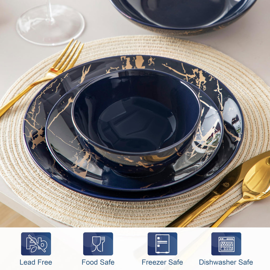 Plates and Bowls Sets for 6, 24 Pieces Porcelain Dinnerware Sets, Dark Blue and Gold Dish Set Gold Splash Dishware