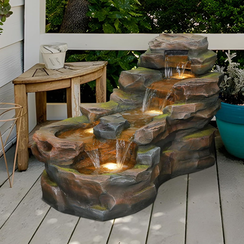 Water Fountain Outdoor Floor Standing 5-Tiers Rock Natural Waterfall Outdoor Garden Fountains with LED Lights