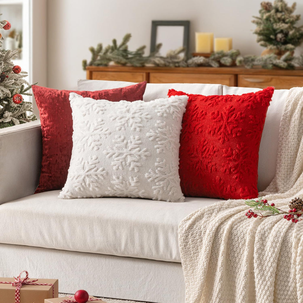 Christmas Pure White Throw Pillow Covers Snowflakes Decorative 18×18 Inch Faux Wool Winter Festival Couch Pillow - Set of 2
