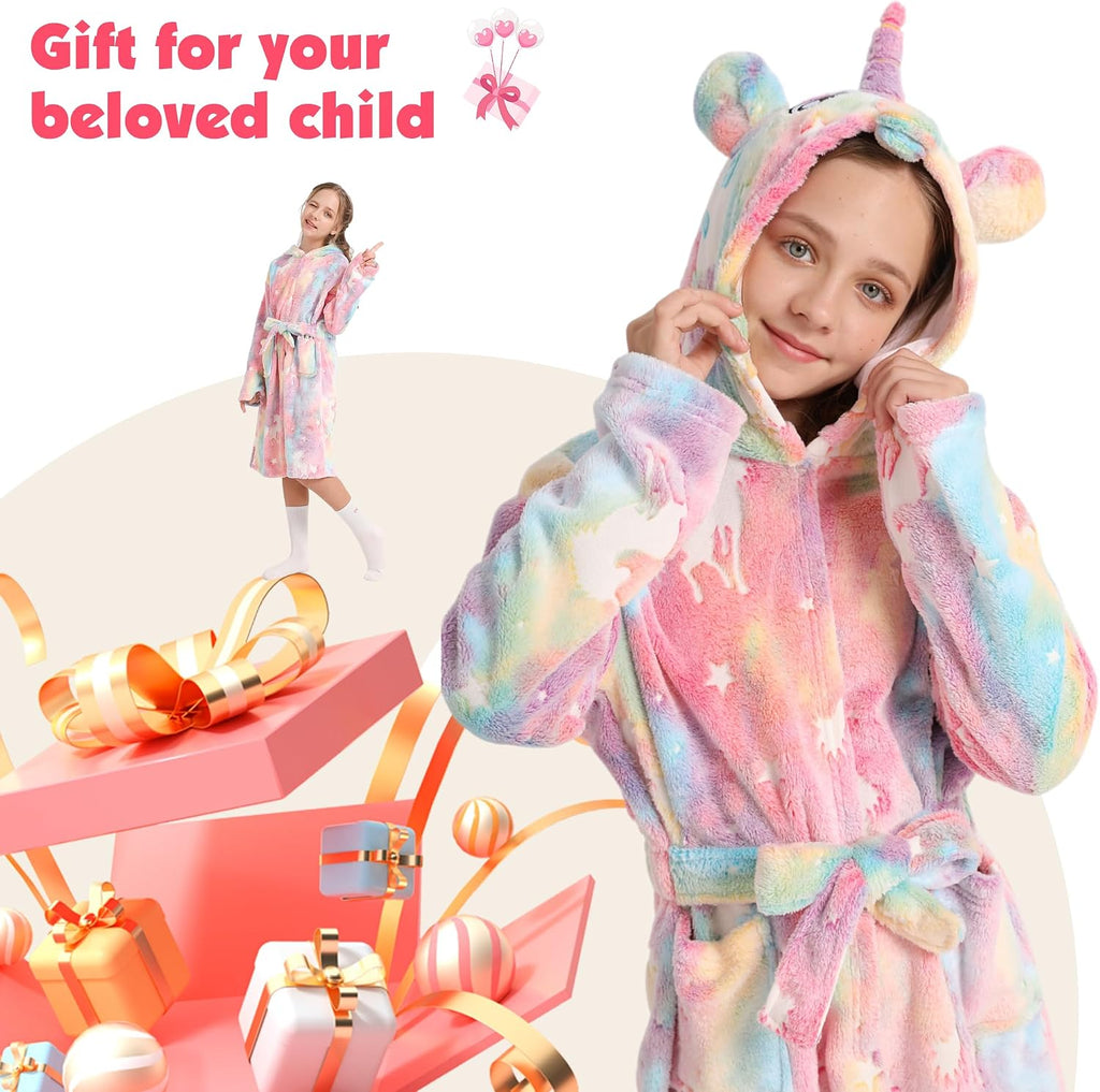 Girls Fleece Hooded Robes Soft Bathrobe for Kids - Glow in the Dark Unicorn Gifts for Girls