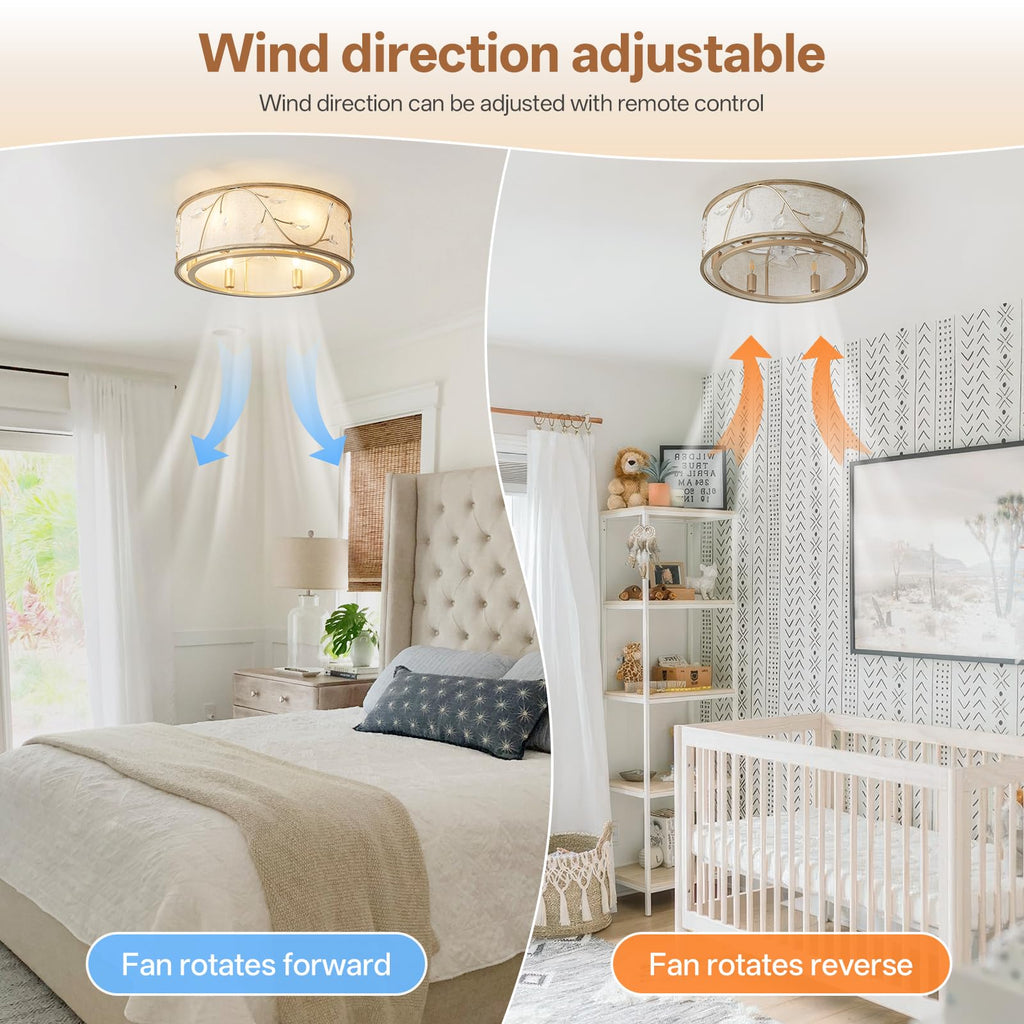 Caged Flush Mount Ceiling Fans with Lights, 20" Gold Boho Ceiling Fan, Low Profile Crystal Ceiling Fan with Light