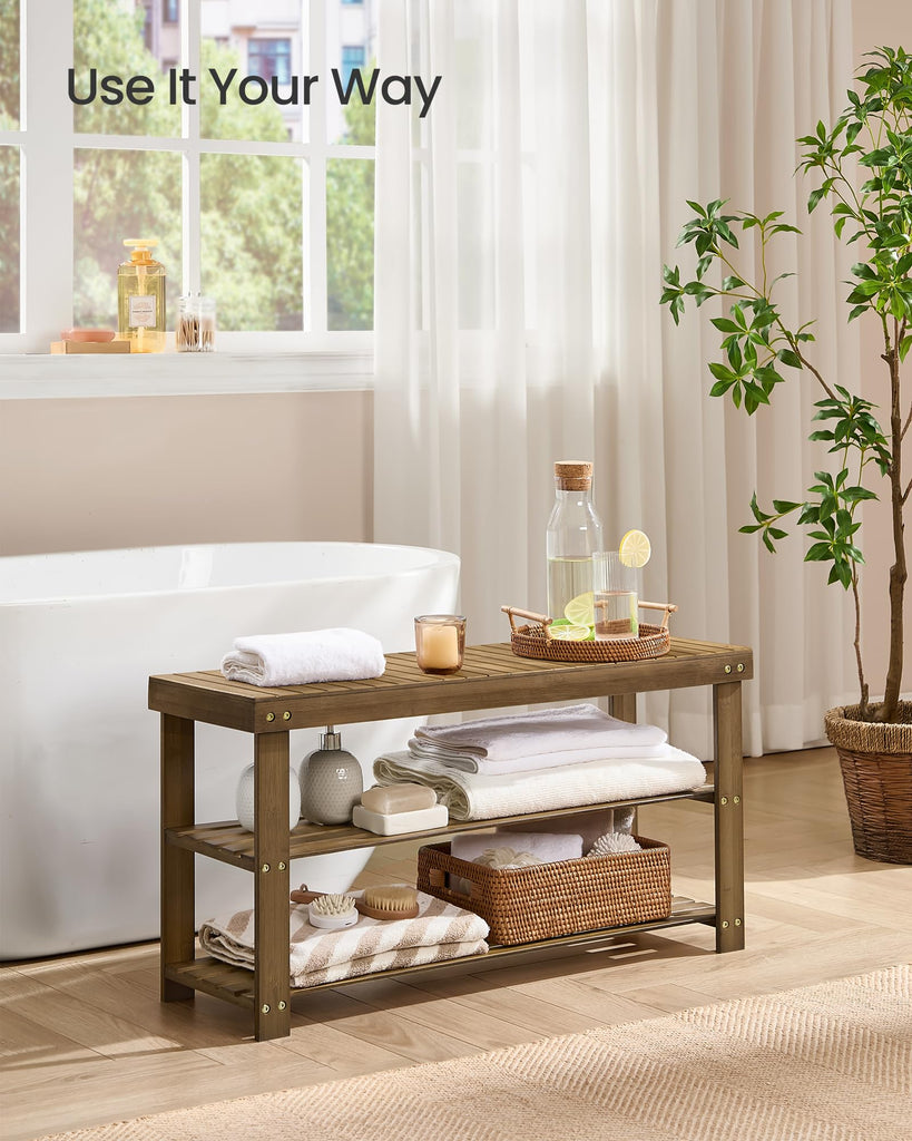 Shoe Rack Bench, 3-Tier Bamboo Entryway Bench, 35.2 Inches Width