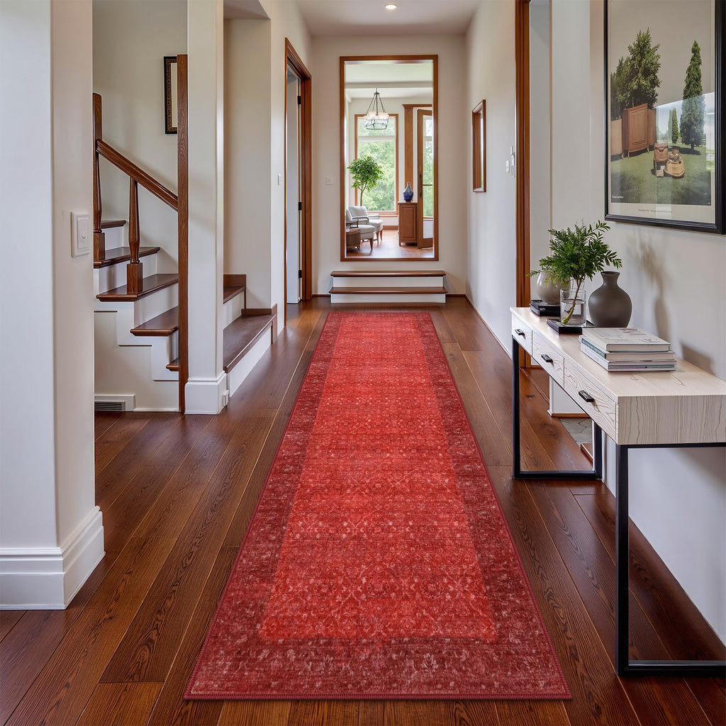 Red Kitchen Runner Rugs Non Skid Washable, Long Hallway Runner Rug 8 Ft, Ultra-Thin Vintage Red Carpet Runner