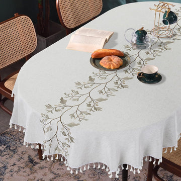 Solid Embroidery Oval Tablecloth with Tassels for Oval Table, 52 x 70 Inch Lace Dust-Proof Table Cov