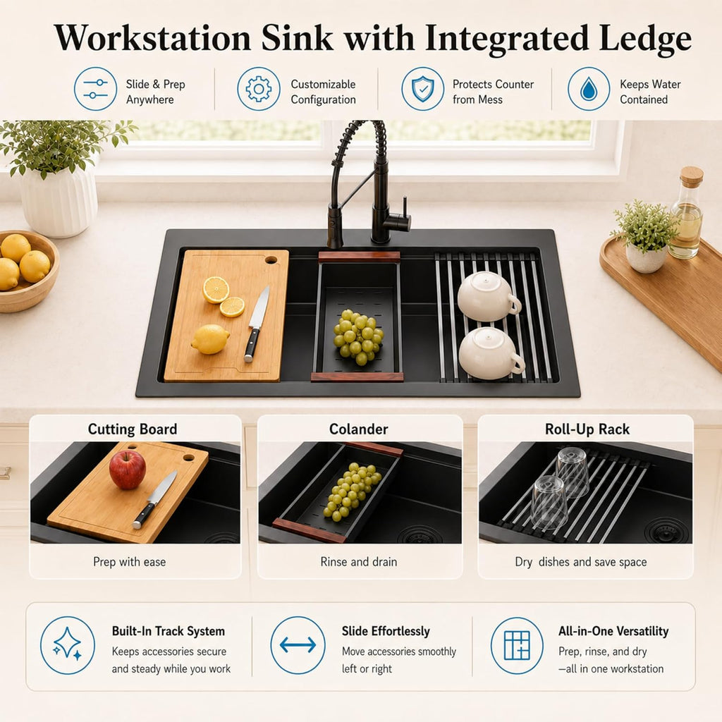 Black Drop Sink 33" X 22",Top Mount 16 Gauge Stainless Steel Workstation Sink,Deep & Large Single Bowl Kitchen Sinks