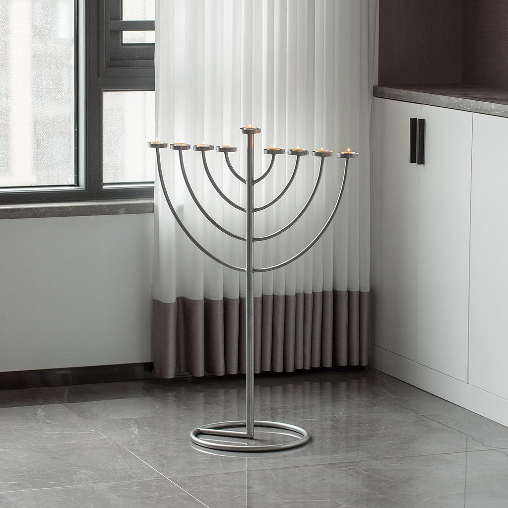 Modern Silver Hanukkah Candle Holder, 9 Branch Metal Aluminum for Hanukkah, Jewish , Contemporary Candle Holders