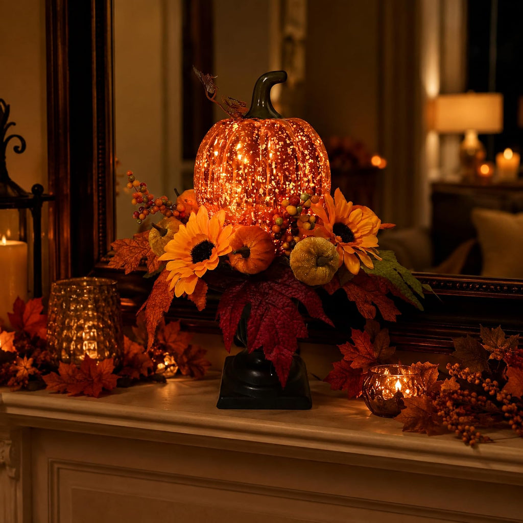 15 Inch Lighted Fall Pumpkin Arrangement with Pumpkin, Daisies | 15 LEDs with Mercury Glass-Style Pumpkin, Mini