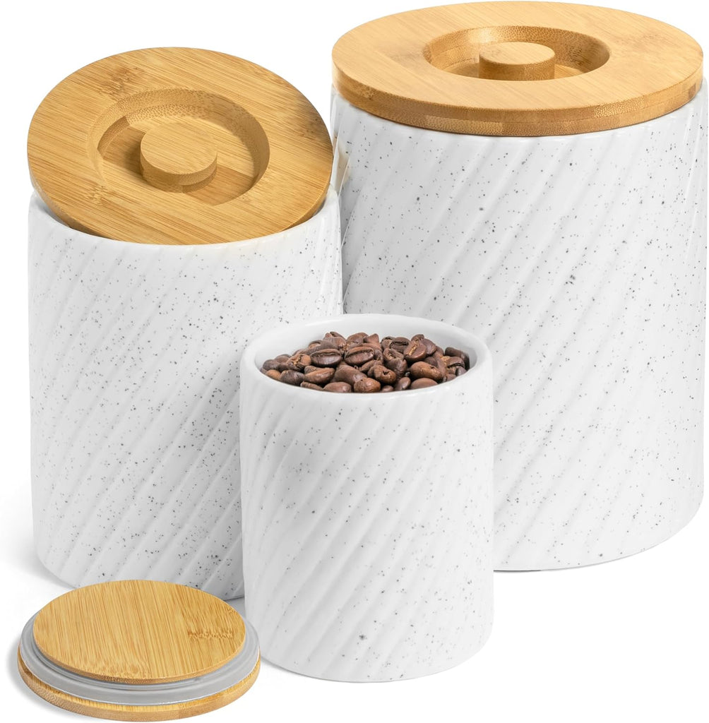 Flour Sugar Storage Containers - Ceramic Canister with Airtight Bamboo Lids Counter - 80, 40 & 20 oz, White - Set of 3