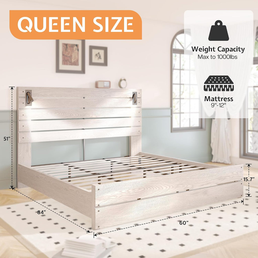 Queen Farmhouse Bed Frame with 51" Barn Door Headboard, LED Reading Lights, Platform Bed Frame with Wood Slats, Under