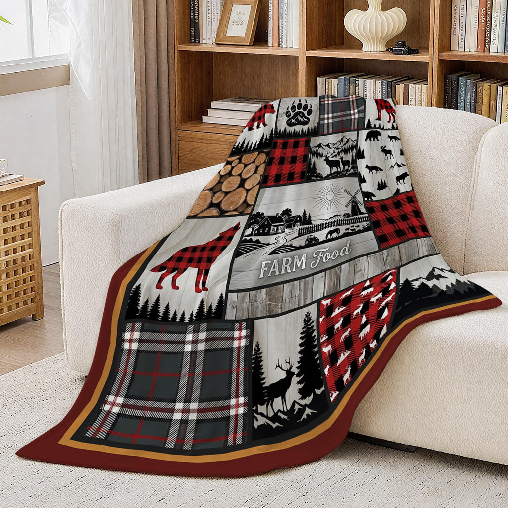Rustic Cabin Blanket 50 x 60, Buffalo Plaid Wildlife Fleece Throw