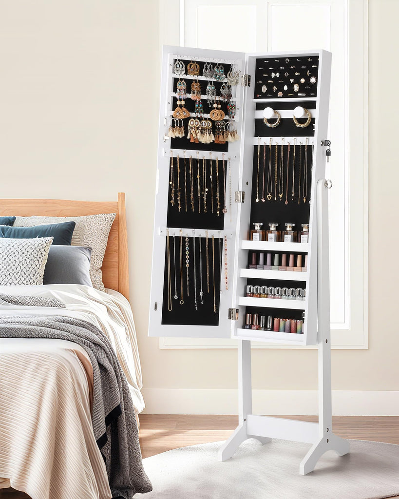 Freestanding Jewelry Cabinet, Full Length Mirror, Moon White