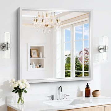 30x30 Inch Silver Bathroom Mirror, Metal Framed Silver Square Mirrors, Thick Deep Framed Rectangular Wall Mirror
