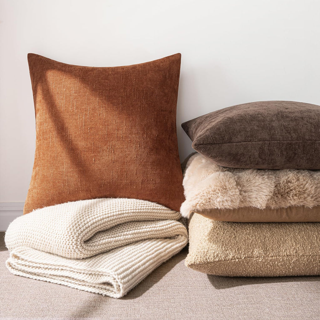 Textured Chenille Fall Throw Pillow Covers 22x22 Inch Dark Rust