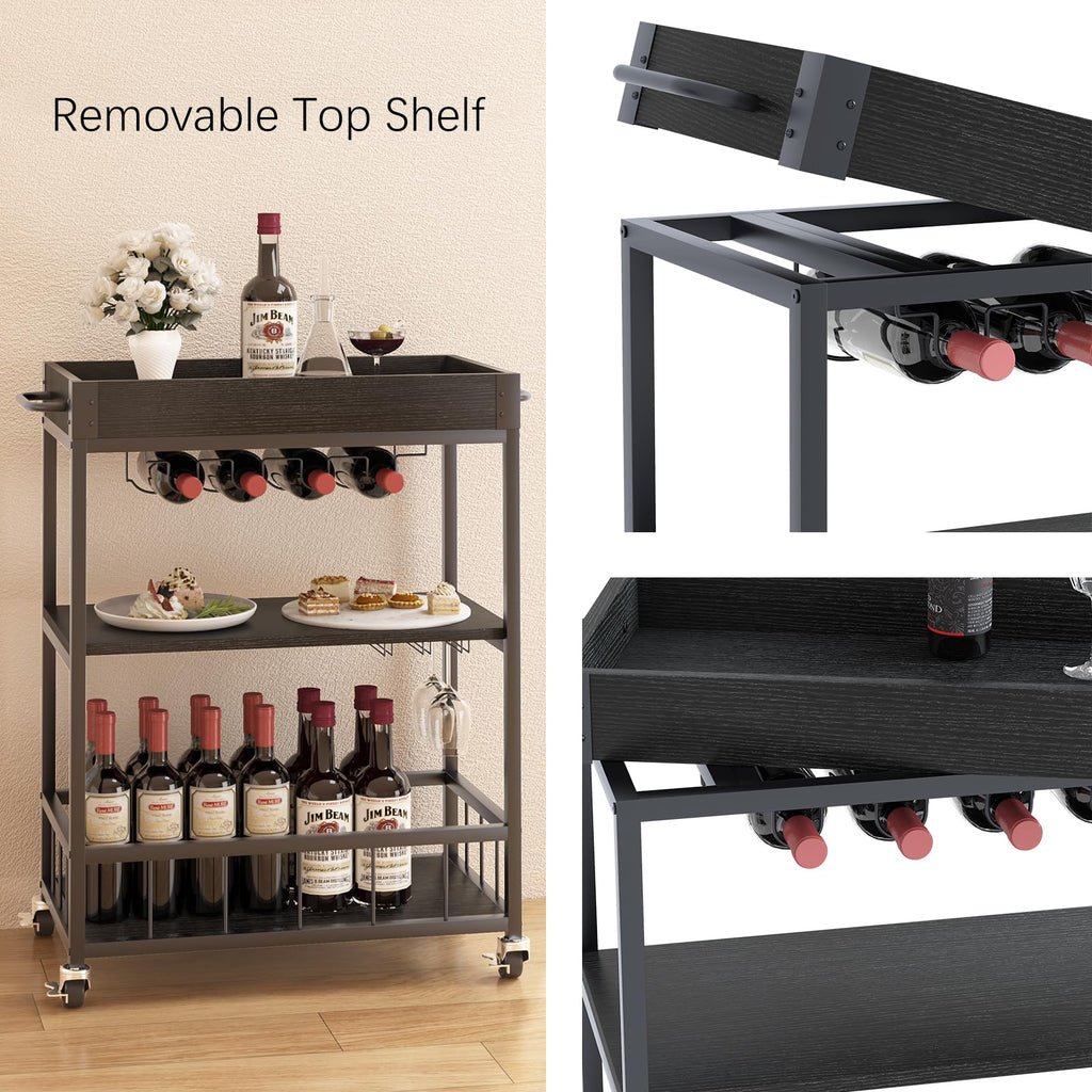 Bar Cart Serving Wine 3 Tier Home Rolling Rack with Wheels Mobile Kitchen Industrial Vintage Style Wood Metal Serving