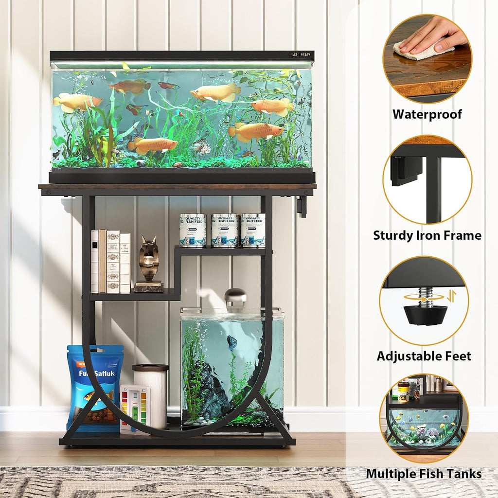 20-29 Gallon Fish Tank Stand with Power Outlet, Metal U Shaped Aquarium Stand with Storage Shelves, Heavy Duty
