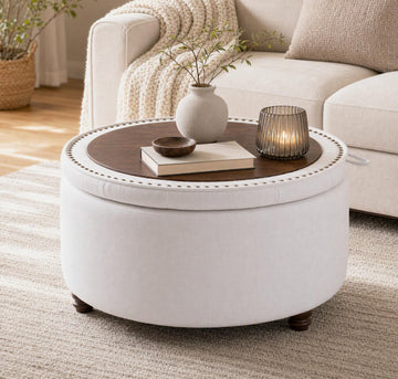 30" Round Storage Ottoman Coffee Table, Tufted Lid & Wood Top, Beige
