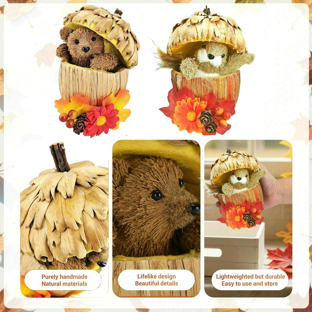 6.5 Inches Acorn Decor of Sisal Bear Squirrel Figurine for Fall - Set of 2
