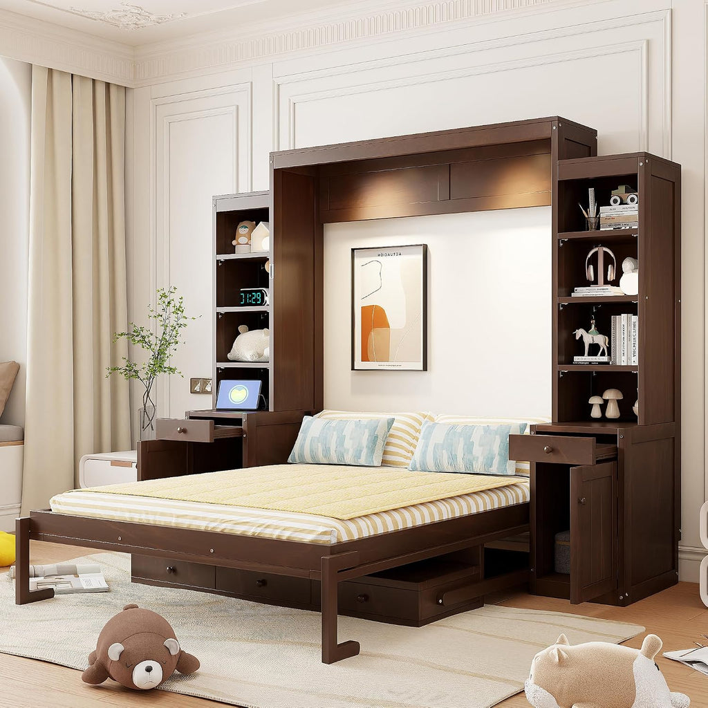 Murphy Bed with Desk, Storage Cabinets and Drawers, Wood Wall Bed with Shelves, Convert to Cabinet, Space-Saving