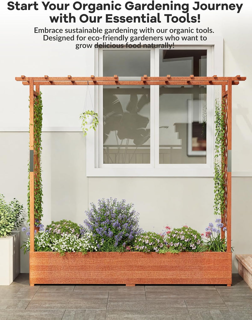 Raised Wooden Garden Bed with Trellis, Large Planter Box with Side Trellis & Hanging Roof, Weatherproof Wood Elevated