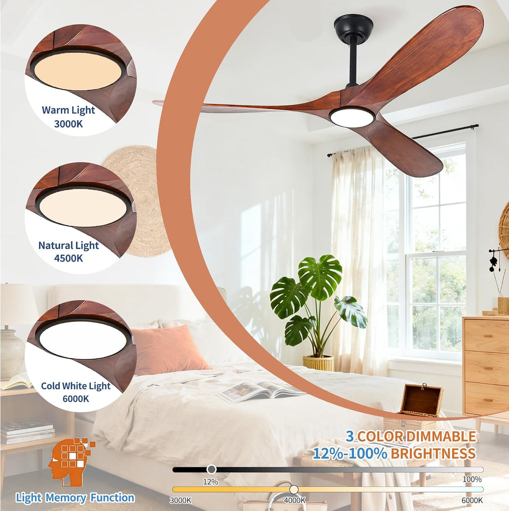 52 Inch Ceiling Fans with Lights and Remote, Modern Wood Outdoor Ceiling Fan with Light