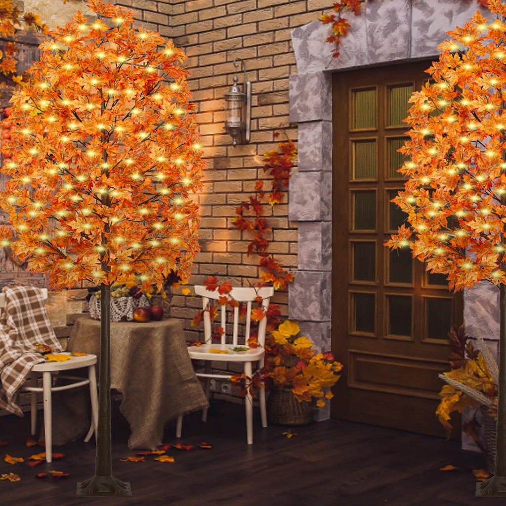 8FT 210 LED Lighted Maple Tree - Thanksgiving Decor Artificial Fall Tree with 21 Branches, 21 Acorns 420 Leaves