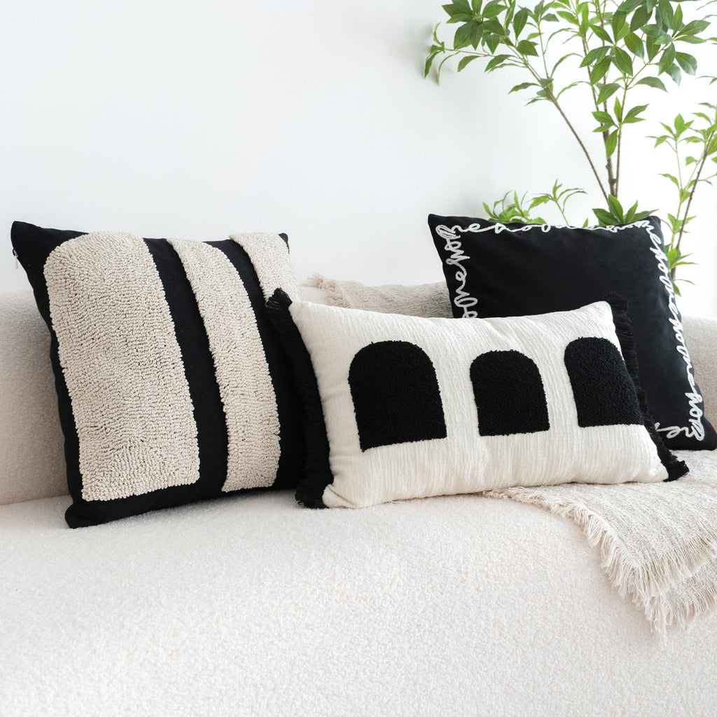 Black Cream Boho Chunky Tufted Pillow Cover, Neutral Decorative Square Throw Pillow Case, Geometric Woven Modern Sham