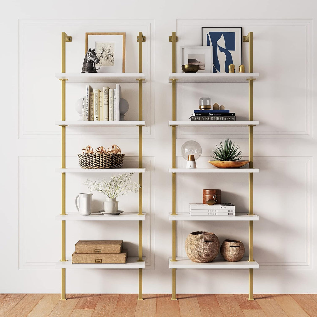 Theo 5-Shelf Gold, Ladder Bookcase with Gold/Brass Metal Frame, White, Set of 2