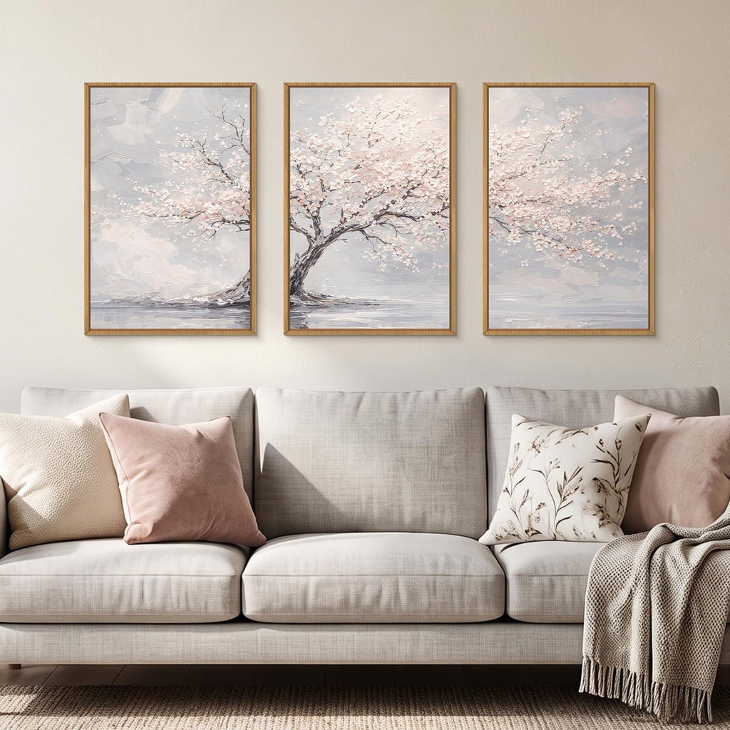 Pink Cherry Blossom Tree Framed Canvas Wall Art Set, Textured Impasto Style Floral Landscape Wall Decor, Modern