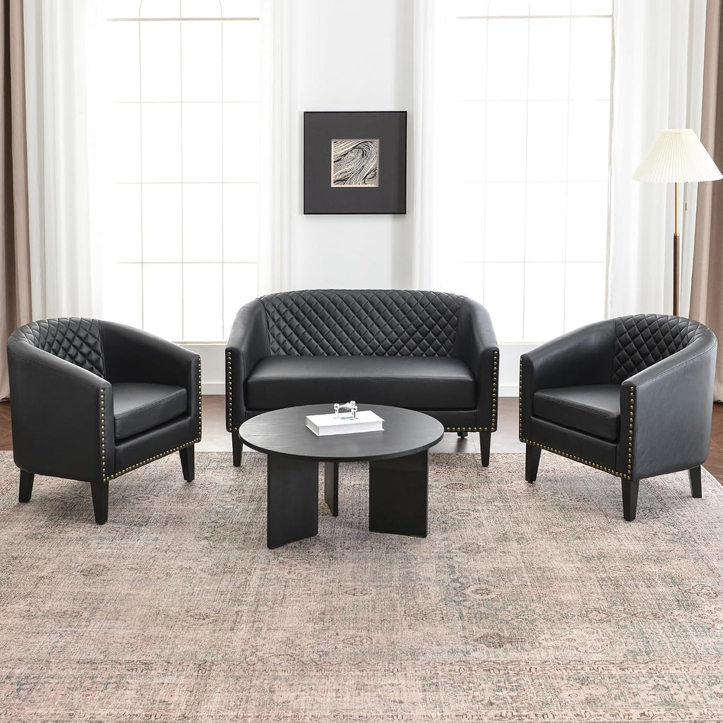 29" W Faux Leather Tufted PU Barrel Club Chairs, Black - Set of 2