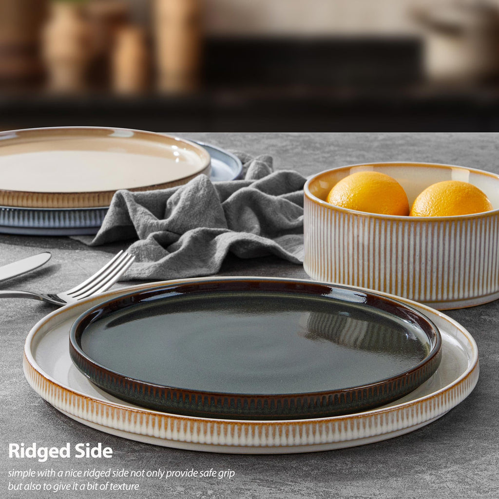 Dinnerware Stoneware Sets with Pasta Bowls, 16 Piece Plates and Bowls Set for 4, Ribbed Dishes Set , Microwave and